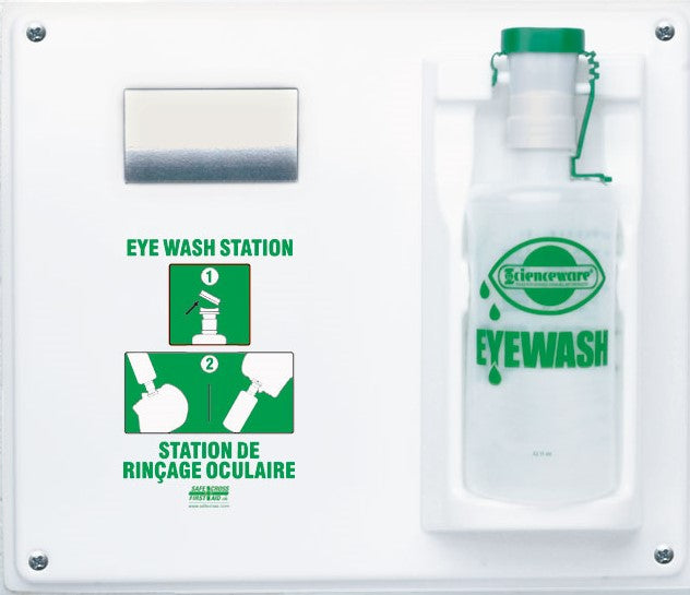 Single bottle eye wash station with mirror and empty 1000 ml bottle